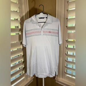 Travis Mathew White Polo with Red and Gray Stripes